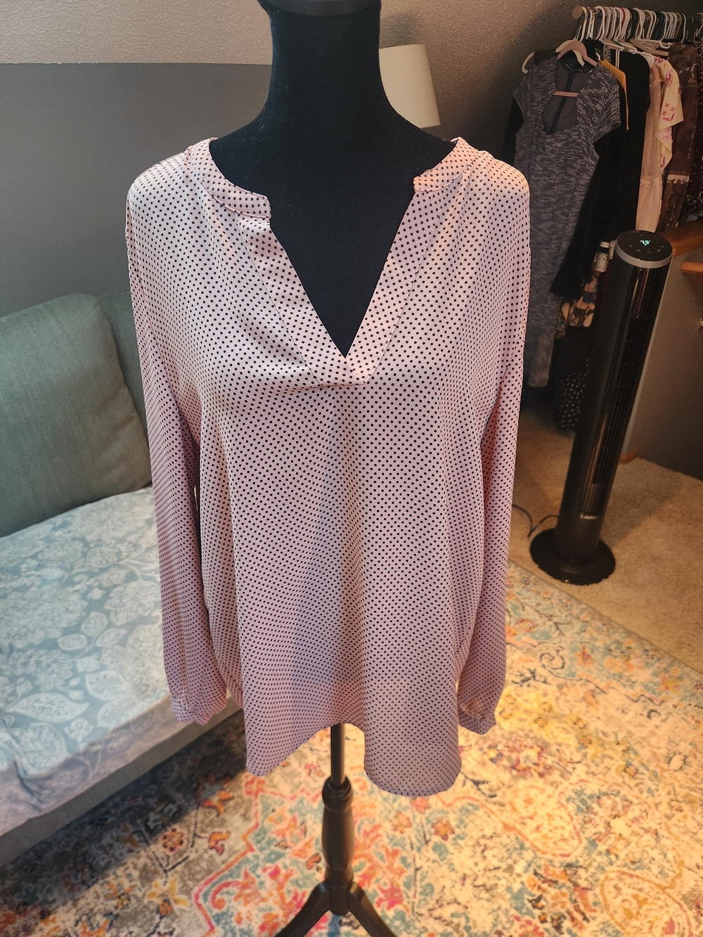 Adrianna Papell Polka Dot V-Neck Blouse in Pink & Black Large